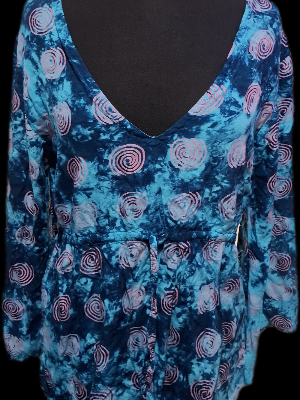 Blue Tie-Dye V-Neck Women's Top with Pink Swirl Print